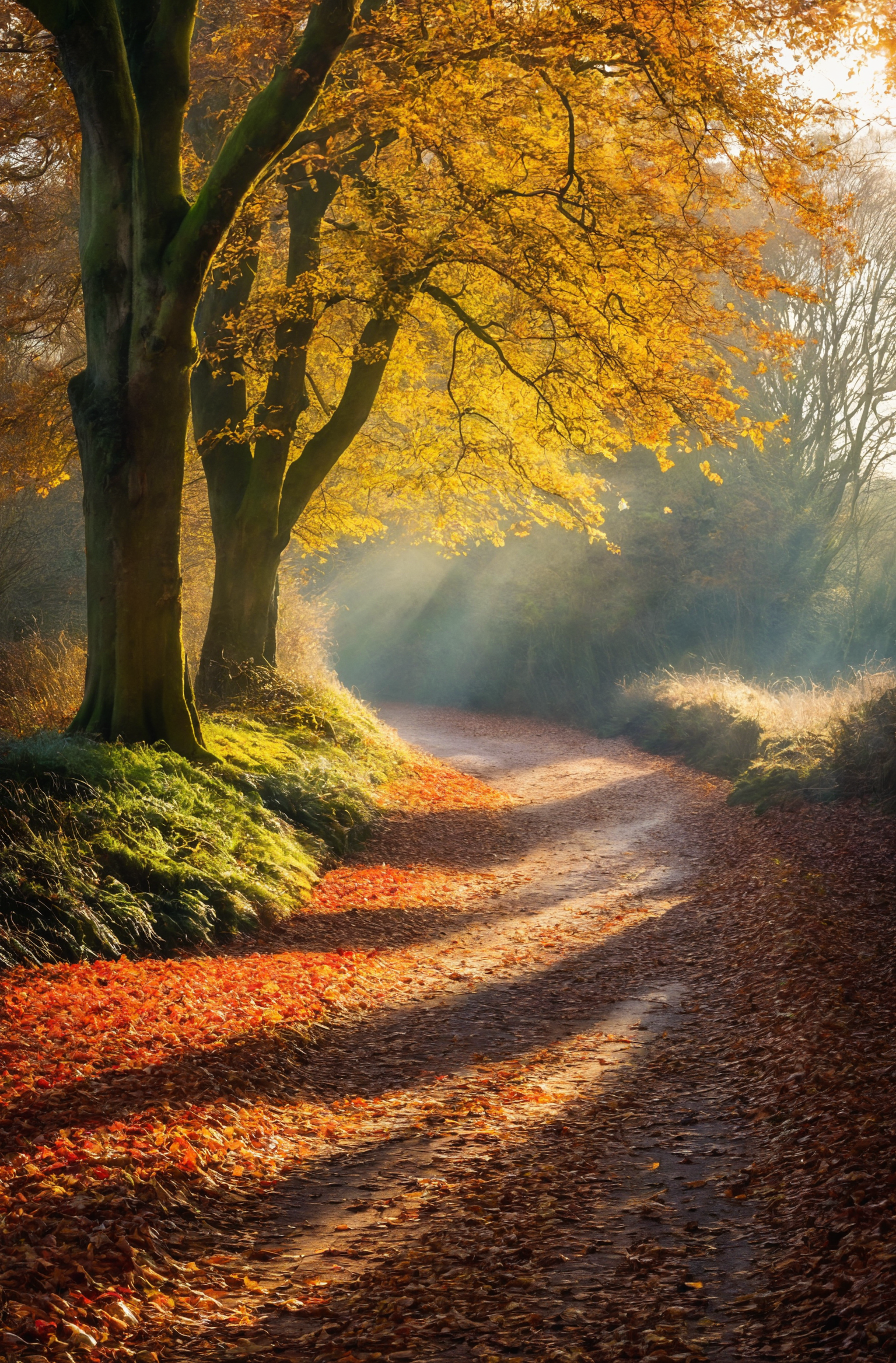 photograph, a path in the woods with leaves  and the sun shining , by Julian Allen, dramatic autumn landscape, ears, park,...